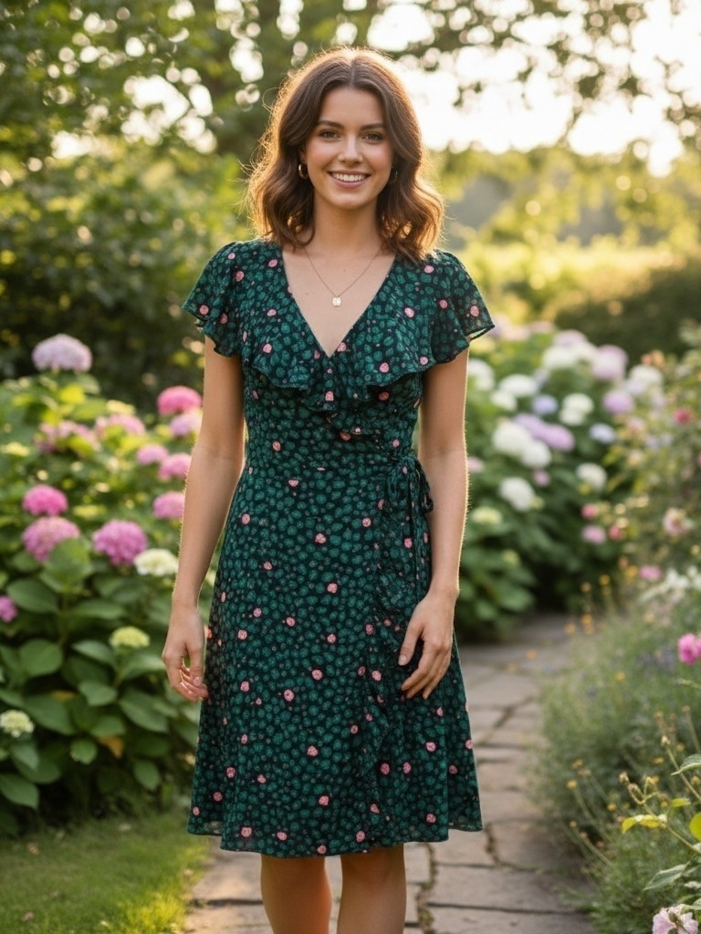 Sz 2 Anthropologie HD in Paris Ruffled Wrap Dress - Teal Chiffon Abstract Midi